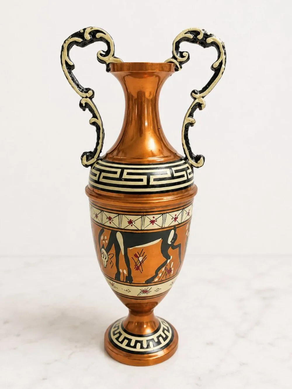 Vintage Greek Egyptian Hand Painted Bud Vase Signed Greece 1980s Copper Vase 6in